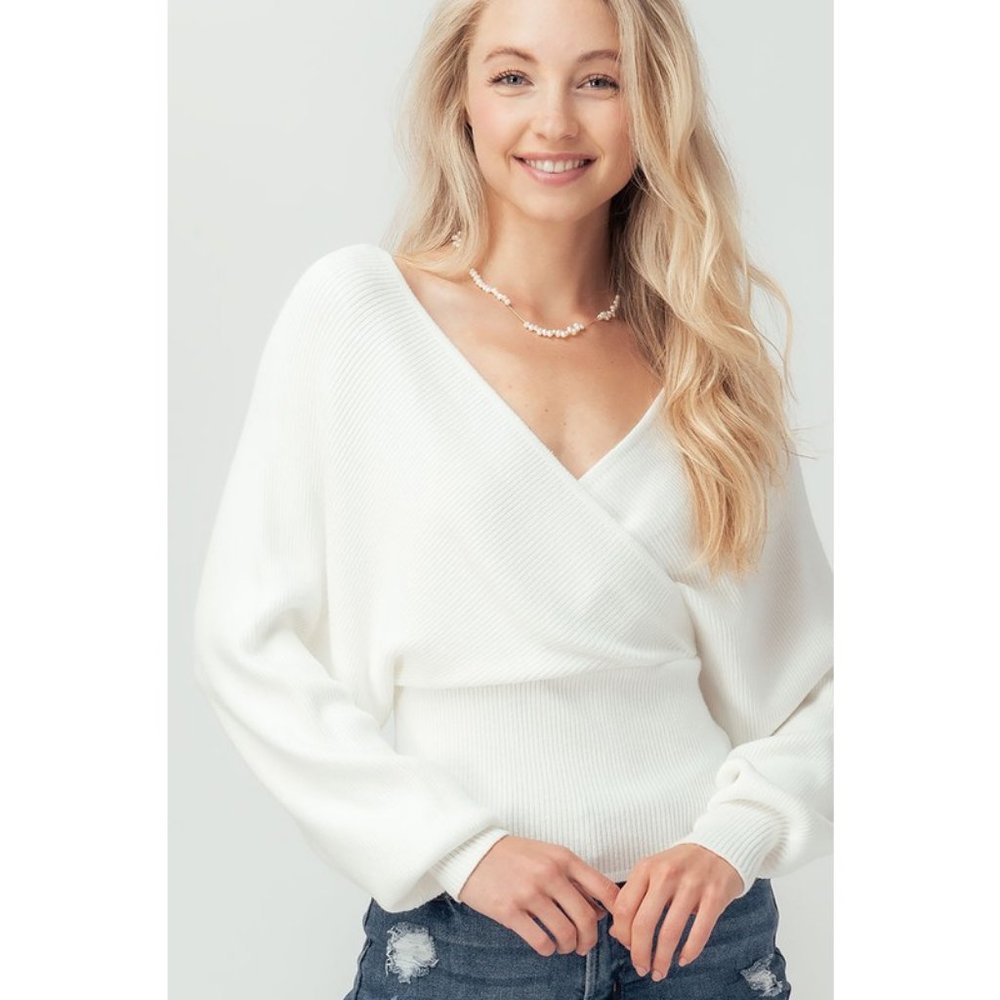 NEW White Wrap V Neck Dolman Sleeves Cozy Sweater - Picture 2 of 12